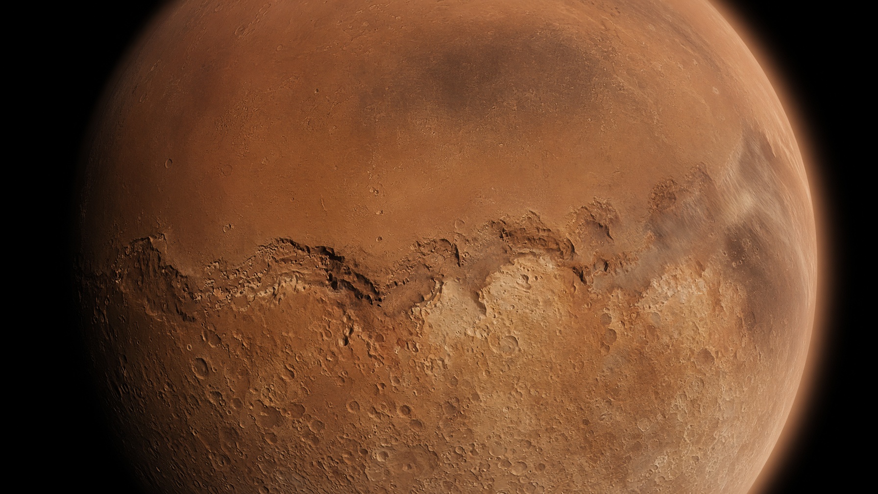 Mars’s crustal dichotomy: smooth northern lowlands meeting the cratered southern highlands.