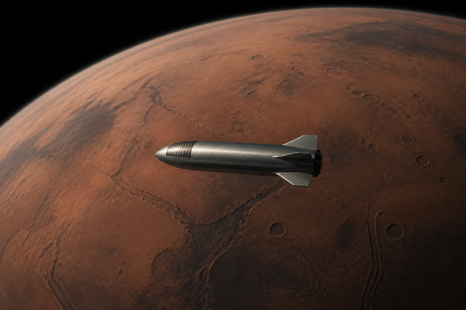 A stainless Starship in a flyby over the curved rust face of Mars, black space above the terminator, no landing.