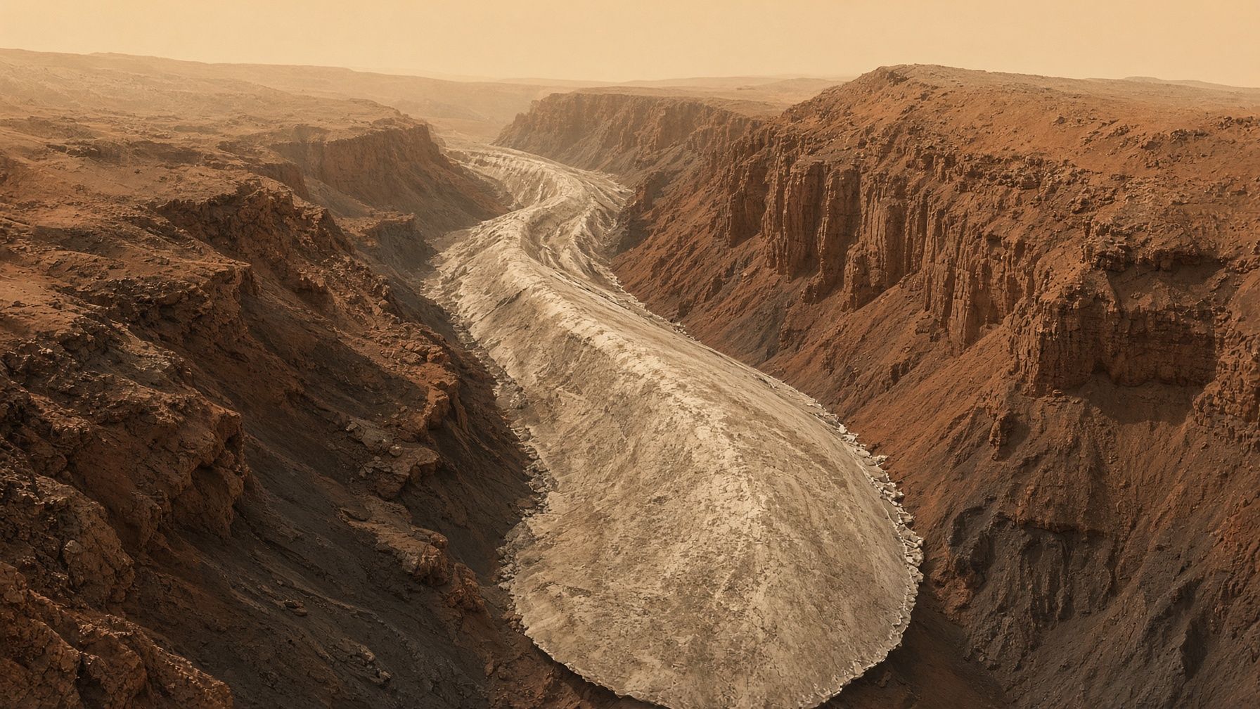 A dust-mantled ice tongue in the Martian mid-latitudes, crevassed and half-buried.