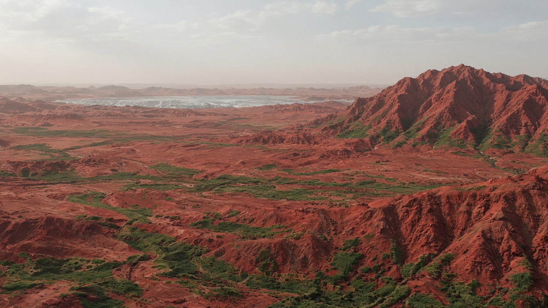 A speculative green Mars: darkened lowlands and a pale ocean covering much of the northern hemisphere.