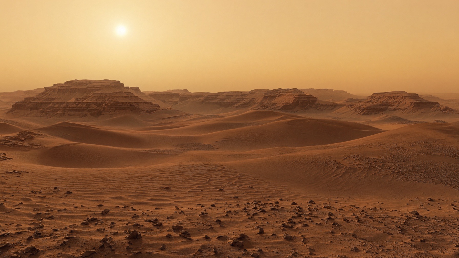 Late-afternoon Martian dunes, long shadows on pale dust under a thin salmon sky.