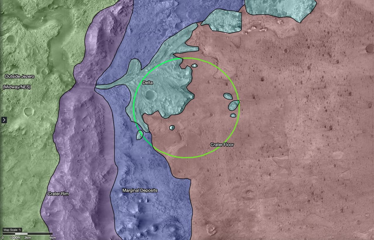 Figure 2 — Map of regions in and around Jezero Crater, with the landing ellipse in green.