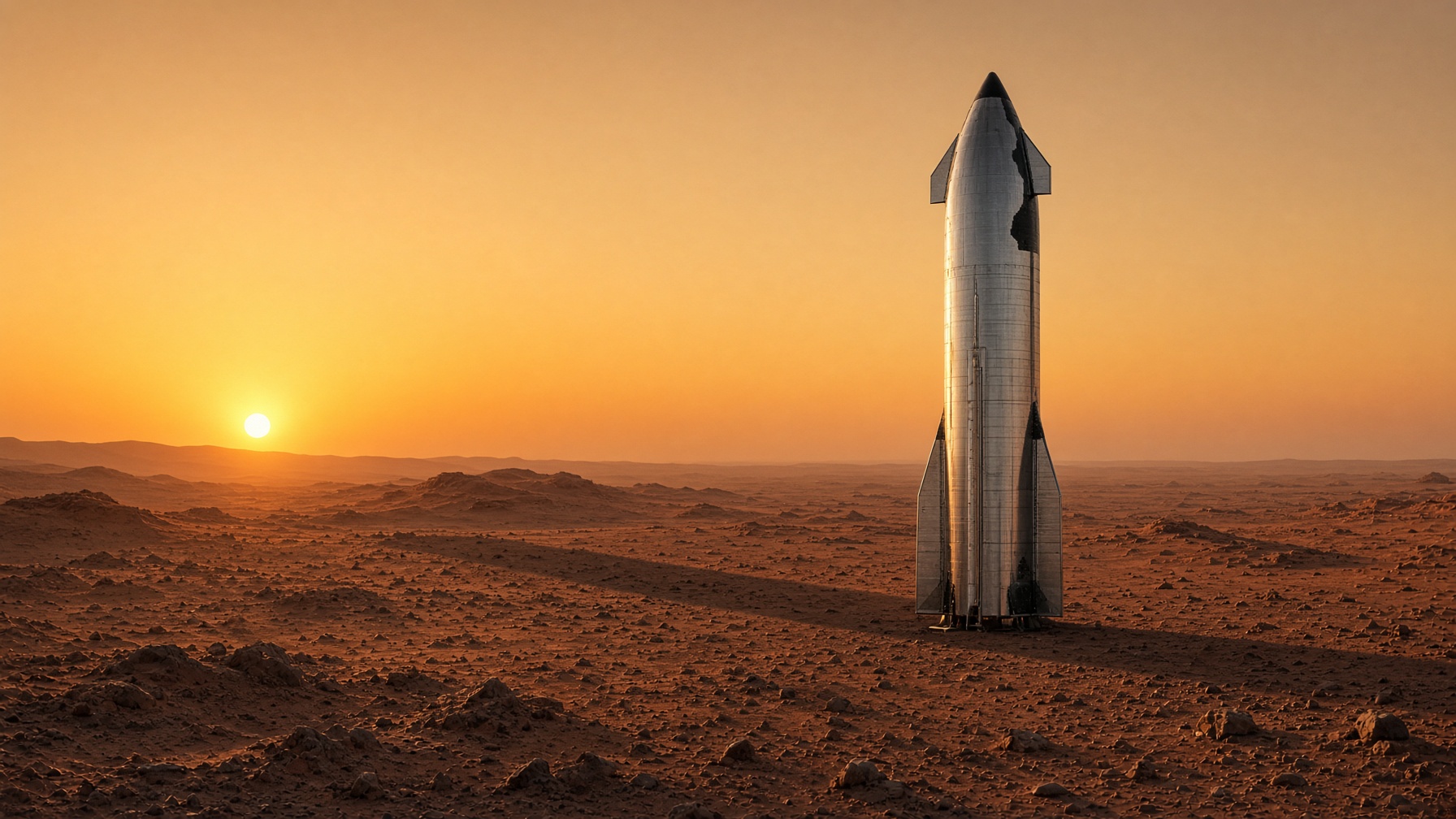 A stainless-steel Starship standing on a dusty Martian plain at sunset, its shadow stretched across the ground.